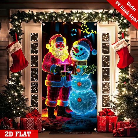 Décoration de porte de Noël tendance et originale - Bannière de fête - Rideau de Noël fluorescent - Père Noël et bonhomme de neige