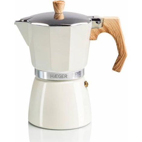 Cafetière italienne 6 tasses en aluminium beige – Compatible tous feux sauf induction – Compacte 12x21x15cm – Facile à nettoyer – Haeger