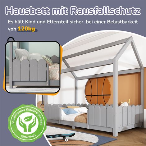 Lit de maison 90x200 cm - lit en bois polyvalent pour s et s - Avec protection contre les chutes et cadre à lattes - Gris (sans matelas)