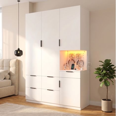 MODFU – Armario 135x50x200 cm de MDF/aglomerado con LED, enchufe, 4 puertas, 5 cajones, 2 barras y carga 30/20 kg – Blanco (1/5)