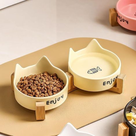 Juego de 2 bandejas de arena de cerámica con soporte de madera, cuenco para comida y agua para gatos, cuenco para mascotas no tóxico, juego de comida y agua para gatos y cachorros (1/4)