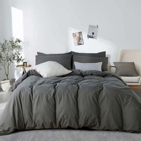 Duvet Cover 200x230 cm Plain Anthracite Gray Cotton with Zipper and 2 Pillowcases