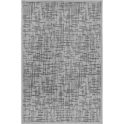 Tapis exterieur 190 x 290 cm géométrique kilim, structure plate tissée, originalité texturée, entretien facile, gris et blanc