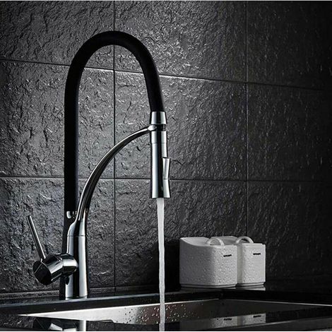 Kitchen faucet with 2-function spray, kitchen mixer with pull-out spray, 360° swivel sink faucet, black