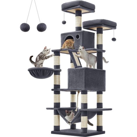 Tiragraffi grande torre gioco altezza 168 cm con 13 tiragraffi 1 tavola tiragraffi 2 piattaforme 2 nicchie cesto amaca pompon tessuto peluche multilivello grigio scuro 120003839