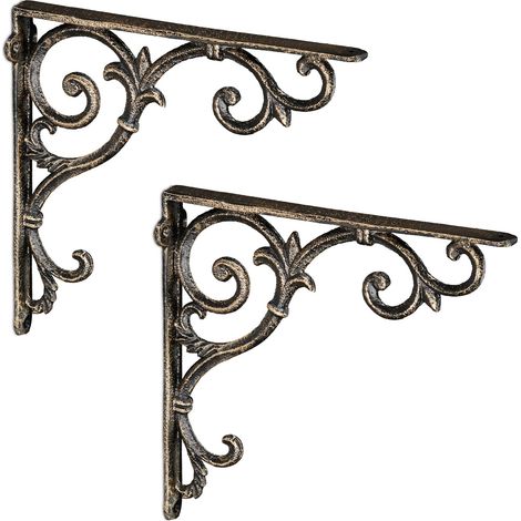 Relaxdays 4x Shelf Brackets, Cast Iron, Rack Support, Vintage Motif, HWD: 24.5 x 4 x 24.5 cm, Angle for Shelves, Bronze