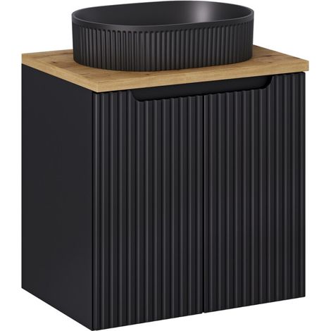 Ensemble Meuble Salle de Bain 2 portes + Vasque + Plateau L 60 x P 40 x H 59,5 cm - Astral - Noir et effet chêne - Livraison gratuite