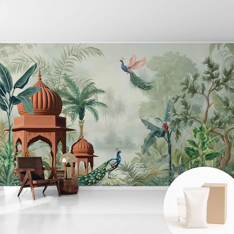 Papier peint intissé mural pour salon chambre à coucher tendance et originale - Colle incluse gratuite Jardins de paons 416x254 cm (1/5)
