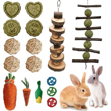 Lot de 16 jouets à mâcher pour lapin, accessoires à mâcher, avec bâtonnets de pomme, timothy foin, petits animaux (1/4)