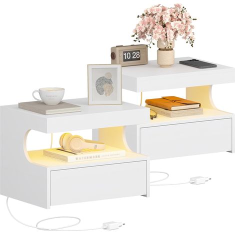 Table de Chevet Suspendue Lot de 2, Table de Nuit Suspendue LED, Tables de Chevet Murale avec 1 Tiroir Coulissant avec Espace Ouvert, Moderne, pour Chambre à Coucher, Salon, Blanc (1/5)