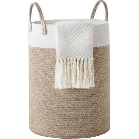 Ecleanfy - Panier à Linge, Corbeille à Linge de Corde en Coton, Panier de Rangement Linge Sale (38cm D x 45cm H, Marron) (1/5)