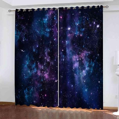 Rideaux Occultants Thermiques pour Salon Et Chambre - Paysage De Ciel Étoilé Bleu Impression en 3D Opaque A Oeillets,Isolation Thermique (Froid) Et Phonique, Un Ensemble De 2 Pann 280 X 250 Cm (L X H (1/5)