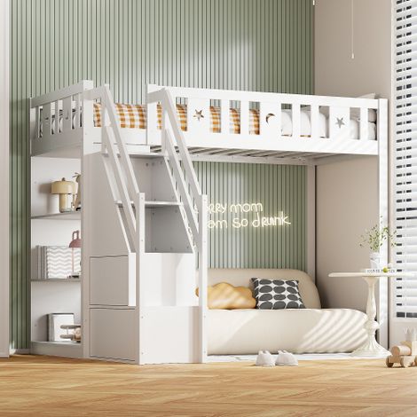 Lit Mezzanine 90x200 cm avec Escalier Rangement et Étagères - Bois Massif Blanc