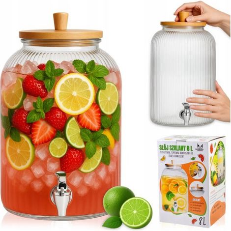 Bocal Verre - 8 L - Robinet Verseur - Couvercle Bambou - Pour Boissons Froides (1/5)