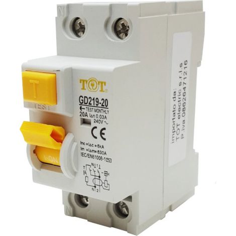 Interruttore magnetotermico differenziale salvavita modulare per quadro elettrico 2 moduli 2P+N 6ka 20 ampere (1/3)