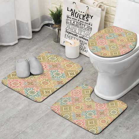 Ensemble de tapis de bain 3 pièces Pioneer Flower à motif floral, comprenant un couvre-toilette et un tapis de bain absorbant et antidérapant avec contour en forme de U. (1/5)