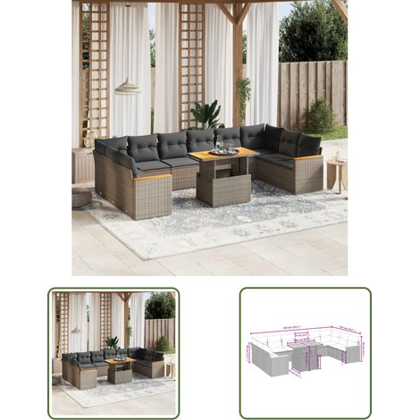 The Living Store 11-tlg. Garten-Sofagarnitur mit Kissen Grau Poly Rattan - Gartenmöbel Set - PE-Rattan Möbel - Outdoor Lounge - Gartenlounge - Terrassenmöbel (1/3)