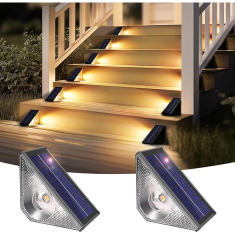 Lot de 2 lampes solaires d'extérieur étanches à LED pour escaliers extérieurs, marches, clôture, cour, terrasse, gouttière, chemin, décoration, blanc chaud (1/4)