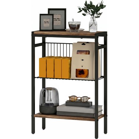 Table d'appoint Étroite de 3 Niveaux avec Étagères Ouverts et Structure d'acier pour Salon Chambre 43x18x62,5cm Chêne (1/5)