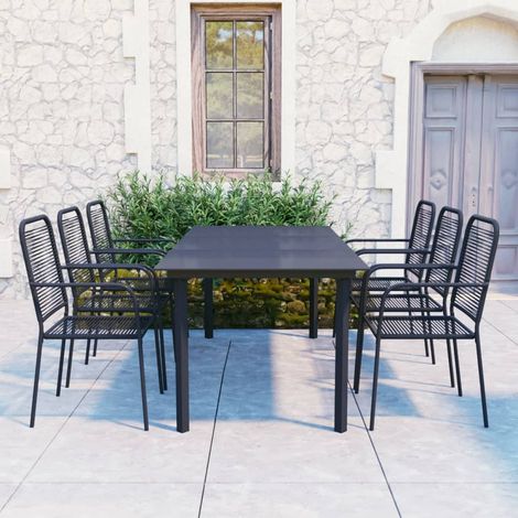 7-tlg. Garten-Essgruppe Schwarz Glas und Stahl (1/5)