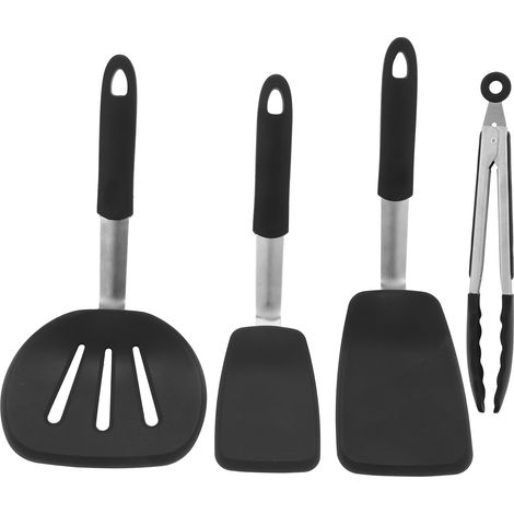 Set mit 4 antihaftbeschichteten Küchenutensilien aus Silikon: Pfannenwender, perforierter Schöpflöffel, Küchenzange (1/5)