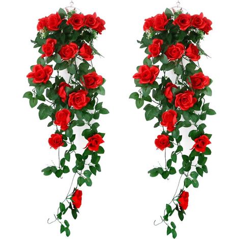 2 Plantes Artificielles Suspendues - Guirlande de Roses en Soie Fausses Fleurs, Lierre Rotin pour Décoration Murale Jardin Mariage Fête (1/5)