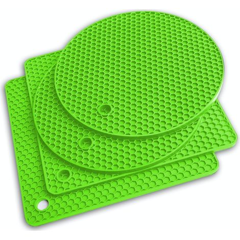 Ensemble d'accessoires de cuisine en silicone Q's INN comprenant 4 pièces : manique, protège-table et plan de travail, égouttoir à vaisselle et gants isolants thermiques 225 °C, couleur verte (1/5)