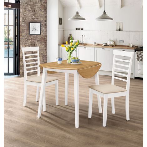 Hallowood Furniture Ledbury Small White Folding Dining Table and Chairs Set 2, Round Wooden Drop Leaf Table with Light Oak Top and Chairs, Dining Room Set, Ideal for Small Spaces (1/5)