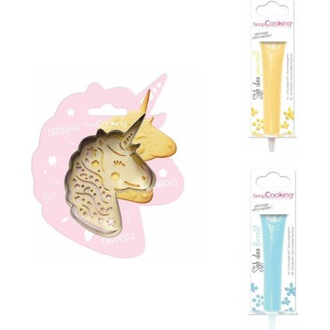 Kit pour biscuit en relief Licorne + 2 Stylos au chocolat jaune pastel et bleu pastel