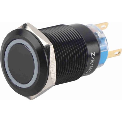Bouton-poussoir plat de 19 mm, 12-24 V, marche/arrêt, noir, étanche, avec verrouillage automatique et LED bleue (1/5)