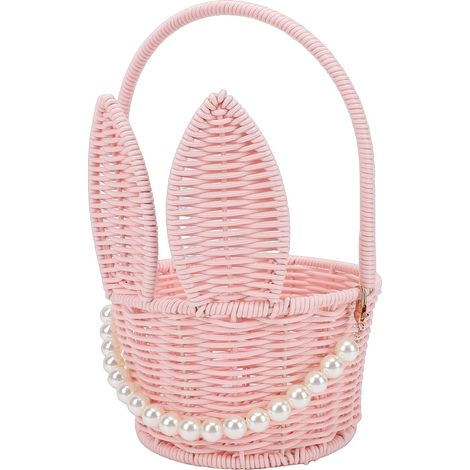 PP Rattan Easter Bunny Basket with Ears, Handle, Beaded Ornament for Candy, Egg Hunt, Picnic, Wedding, Pink, 10x5x3 Inches (1/5)