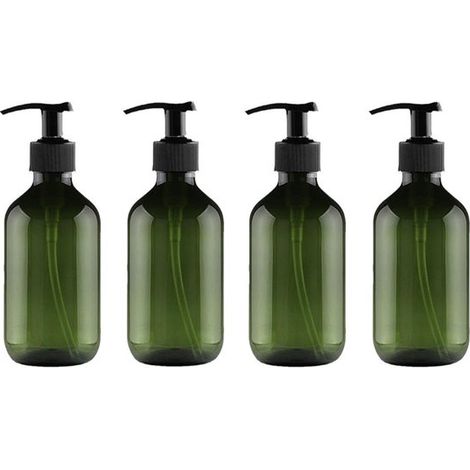 Lot de 4 flacons PET verts transparents rechargeables de 500 ml avec pompe, pour shampoing, après-shampoing et lotion. (1/5)