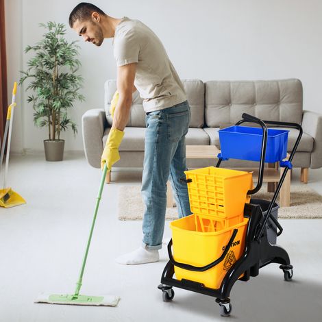 Chariot de ménage chariot de lavage essoreuse latérale seau 26 L + panier de rangements 78 x 45 x 95 cm jaune (1/5)