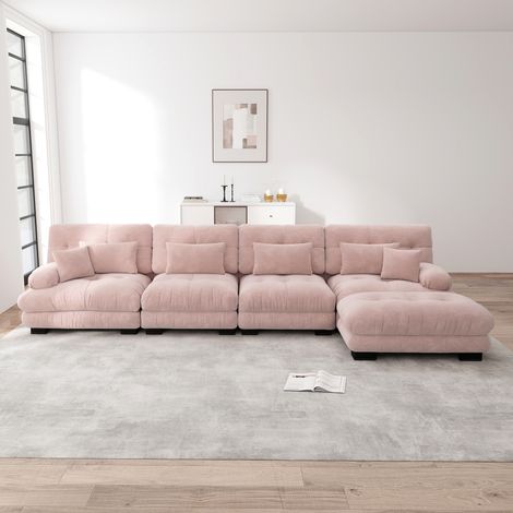 Divano angolare effetto nuvola da soggiorno, divano 4 posti in ciniglia con poggiapiedi e 6 cuscini, senza montaggio - Rosa