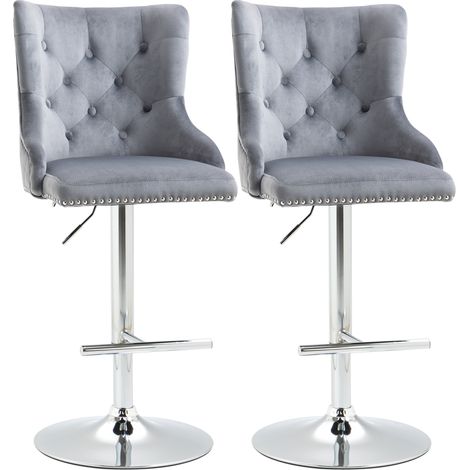 Bar Stools Set of 2, Modern Swivel & Adjustable Velvet Barstools with Button Tufted Back, Footrest, Nailhead Trim for Home Bar, Grey