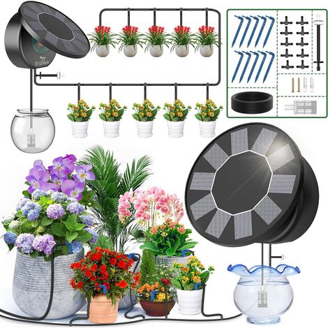 Kit d'Arrosage Goutte à Goutte Solaire, Système Automatique 10m Couvercle Rond Kit Arrosage Automatique pour Intérieur et Exterieur Balcon Jardin Plante, Programmateur Arrosage (1/5)