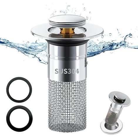 Bouchon de lavabo INOX, Pop up Bouchon de vidage Universel, Bouchon de Vidange Amélioré, Flitre de Vidange Anti-Bloqué, avec Filtre Net, pour Baignoire, Cuisine, Lavabo (Orifice de Vidange 34-40mm). (1/5)