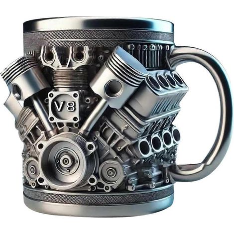 Mug personnalisé en acier inoxydable avec moteur de voiture V8 en 3D. (1/5)