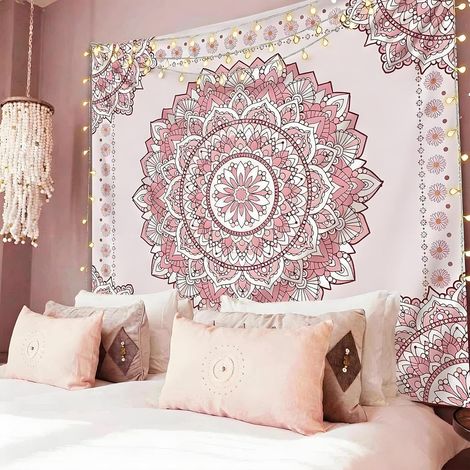 Tapisserie mandala rose, grande décoration murale de style bohème Jolie tapisserie bohème blanche, adaptée aux filles, décoration florale de style hippie pour la chambre, fond floral pour chambres d' (1/5)