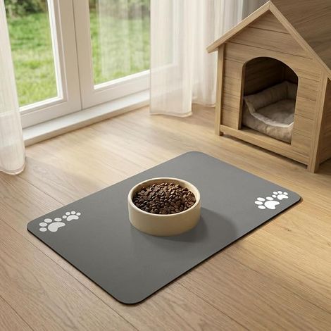Non-Slip Dog Bowl Mat, Dog Cat Bowl Mat, Absorbent, Quick Drying and Waterproof Feeding Mat for Pets (Grey, 30 x 50 cm)