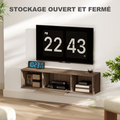 Meuble TV mural avec porte rabattable et 2 compartiments ouverts, 120 × 30 × 29,5 cm, marron (1/5)