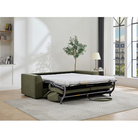 Canapé 3 places convertible express en tissu vert - Couchage 140 cm - Matelas 12 cm MOTETO (1/4)