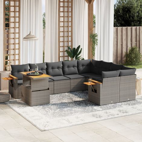 Ensemble de Salon de Jardin Gris en Résine Tressée 10 Pièces avec Coussins Modulable et Table à Hauteur Réglable (1/3)