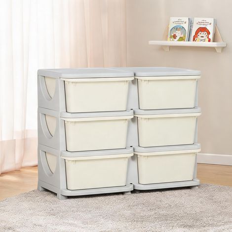Rangement jouets enfant 3 niveaux 6 tiroirs PP crème (1/5)