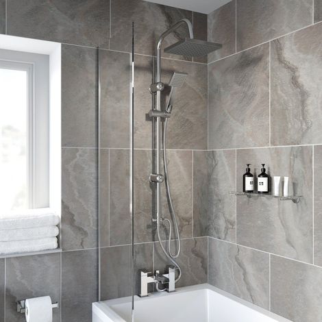 Thermostatic Mixer Shower - Twin Shower Head Chrome Riser Rail & Waterfall Bath Filler Tap (1/5)