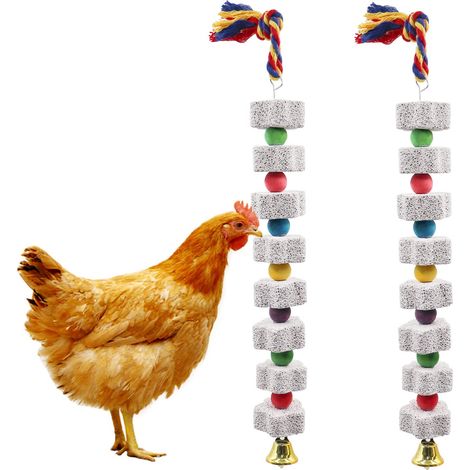 Lot de 2 grands jouets à mâcher pour poules, pierres de calcium à limer le bec avec clochettes, accessoire suspendu pour cage adapté aux poules, perroquets, petits oiseaux, rats, hamsters, lapins, coc (1/5)