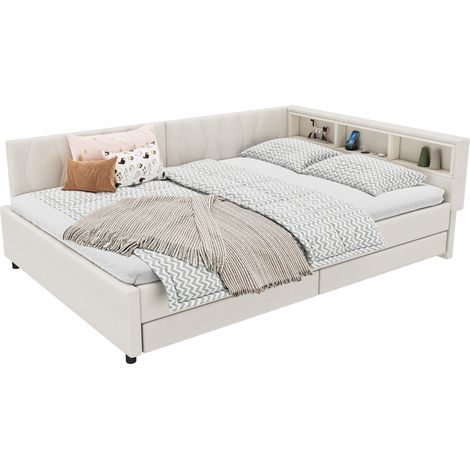 Lit banquette 140x200 cm avec LED, USB+Type C, 2 tiroirs et rangements, sommier inclus sans matelas, beige – CHICFURN (1/5)