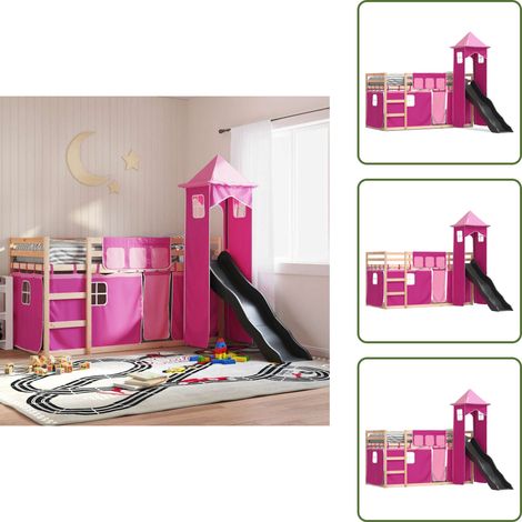 Etagenbett mit Rutsche und Gardinen Rosa 80x200 cm - Kinderhochbett - Holzbett - Etagenbett - Jugendzimmermöbel - Hochbettesystem (1/5)