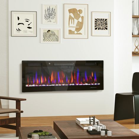 Chimenea Eléctrica Pared Empotrable Ultrafina con Llama 3D Brillo/Velocidad Ajustable y 12 Colores Guijarros 900/1800W (1/5)