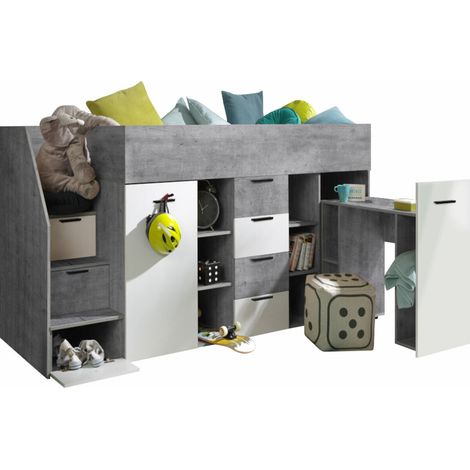 Litera Hartford 364, Hormigón + Blanco, Individuales, 90x200, Aglomerado laminado, Somieres, 180x249x123cm
